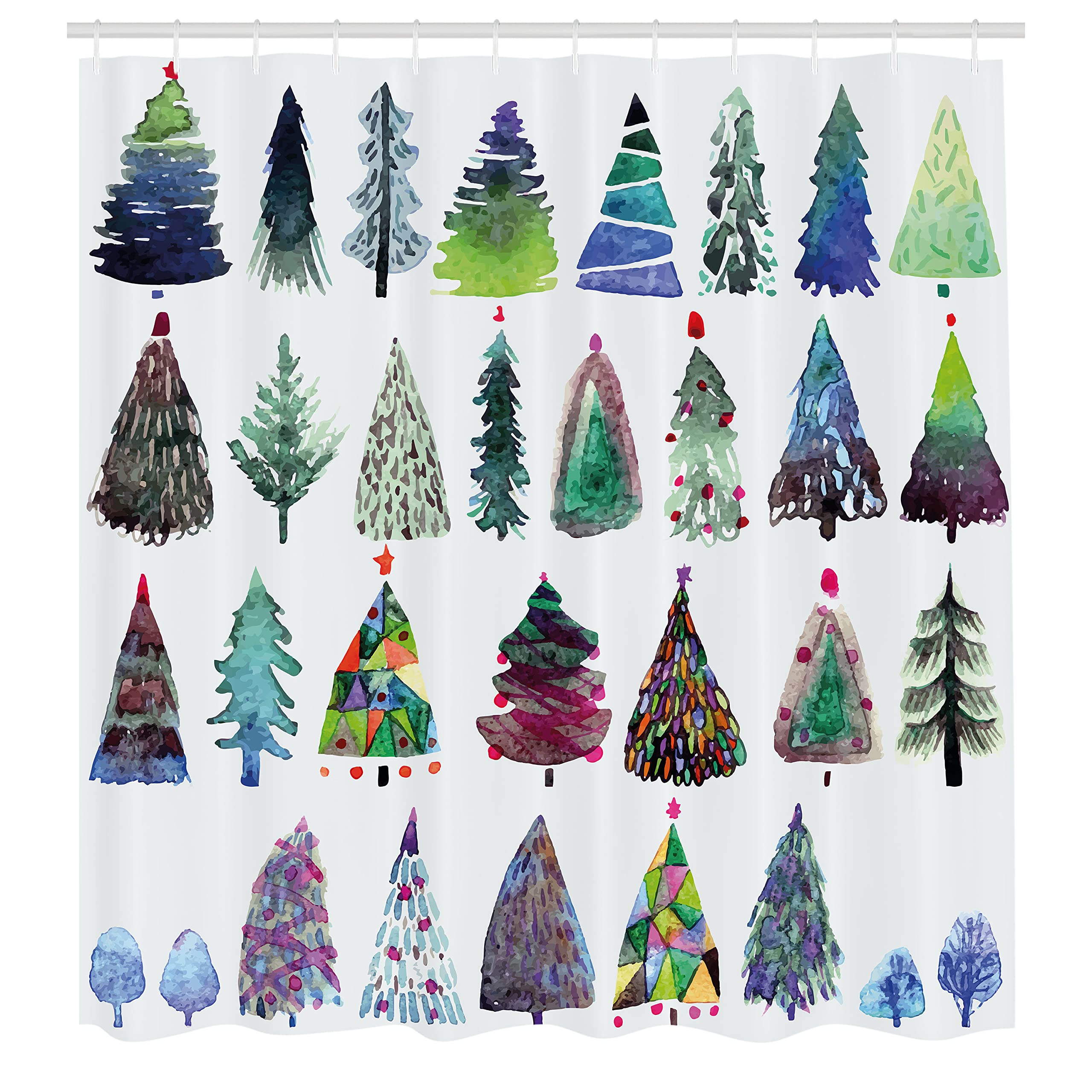 Ambesonne Christmas Shower Curtain, Watercolor Christmas Theme Fir Trees Artistic Abstract Silhouettes Illustration, Cloth Fabri